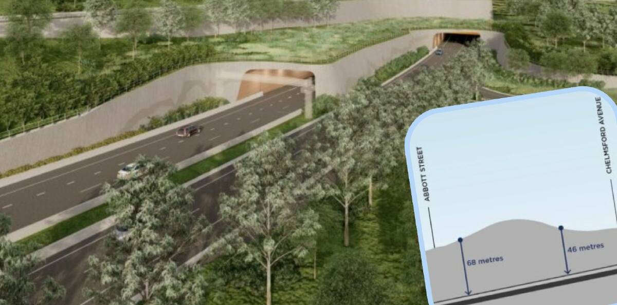 An "indicative visual concept" of the Blackheath portal for the twin tunnels to Little Hartley looking westbound (subject to design development) and part of an indication of the tunnels' depth. 