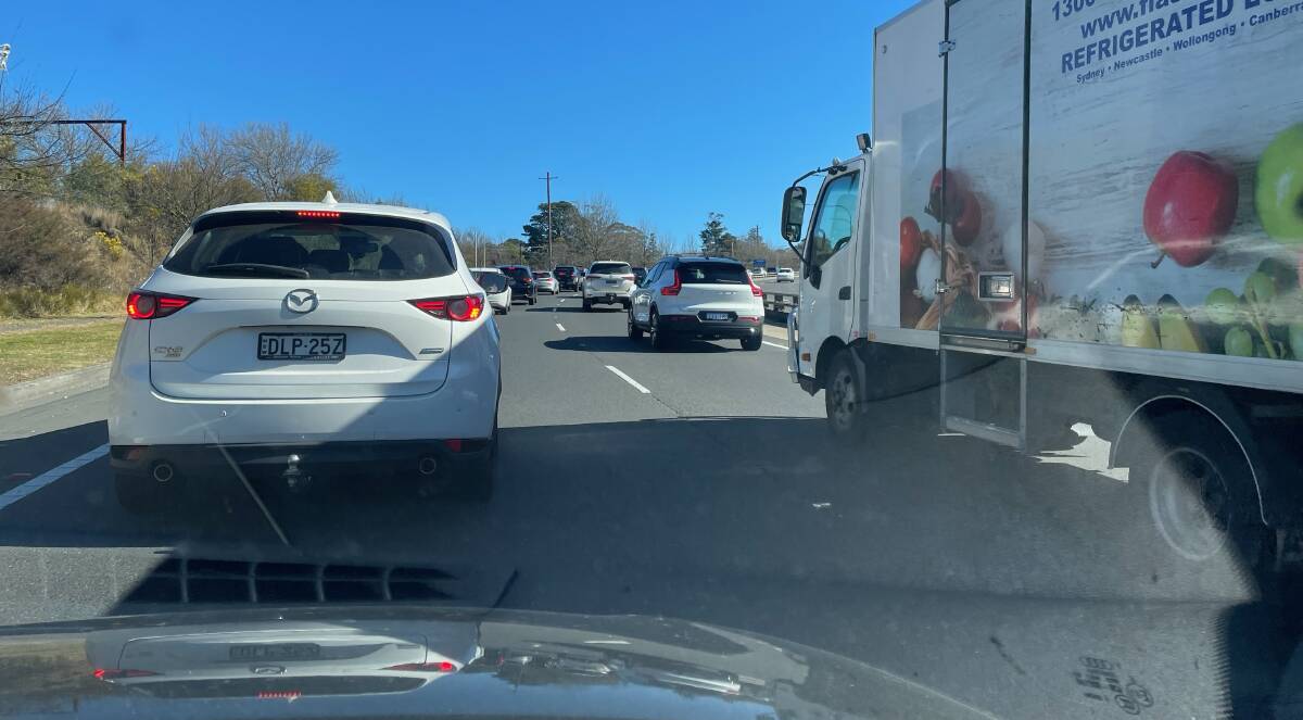 Westbound traffic banked up on the Great Western Highway near Wentworth Falls after the highway was closed at Katoomba following a police chase on July 13. Picture by B C Lewis (Blue Mountains Gazette).