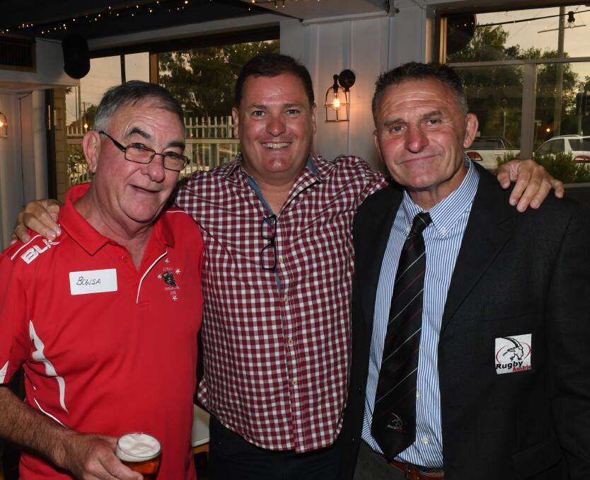 OLD TIMES: Dave Conyers (right) caught up with Mark Bower and James Thompson during the Secret Squirrels and Harlequins reunion in Bathurst.