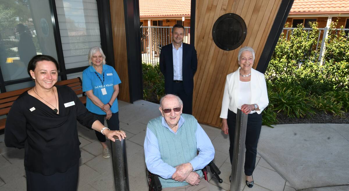OCCASION: Director of care services Nicole Mahara, deputy director of care services Michelle Sharwood, Whiddon CEO Chris Mamarelis, resident Alex Bedwell and former director of care services Sheila Murray. Photo: CHRIS SEABROOK 091520cwhiddon