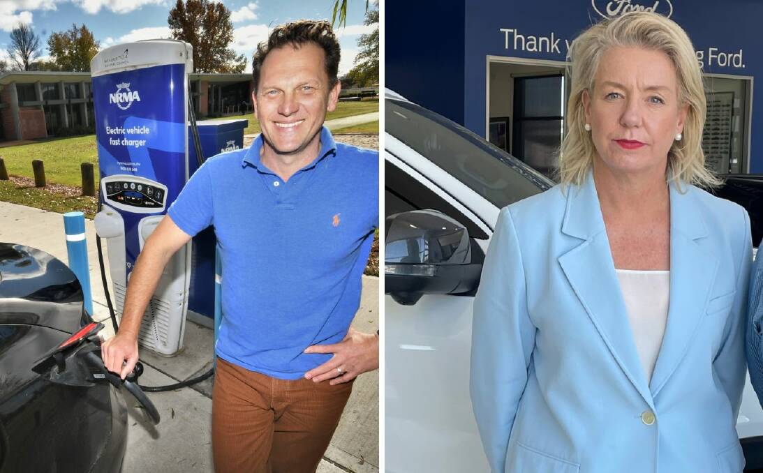Mayor Jess Jennings with his electric vehicle (file picture) and Senator Bridget McKenzie during her visit to Bathurst early in March 2024.