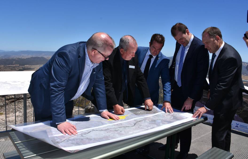 PLAN: Transport for NSW western region director Alistair Lunn, Bathurst mayor Bobby Bourke, Member for Bathurst Paul Toole, Nationals MLC Sam Farraway and Orange City Council's technical services director Wayne Gailey at the announcement that community consultation was open on the highway upgrade.