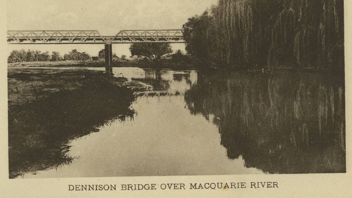 SLOW RIVER: The Macquarie River is wide under the Dennison Bridge on this postcard from a private collection.
