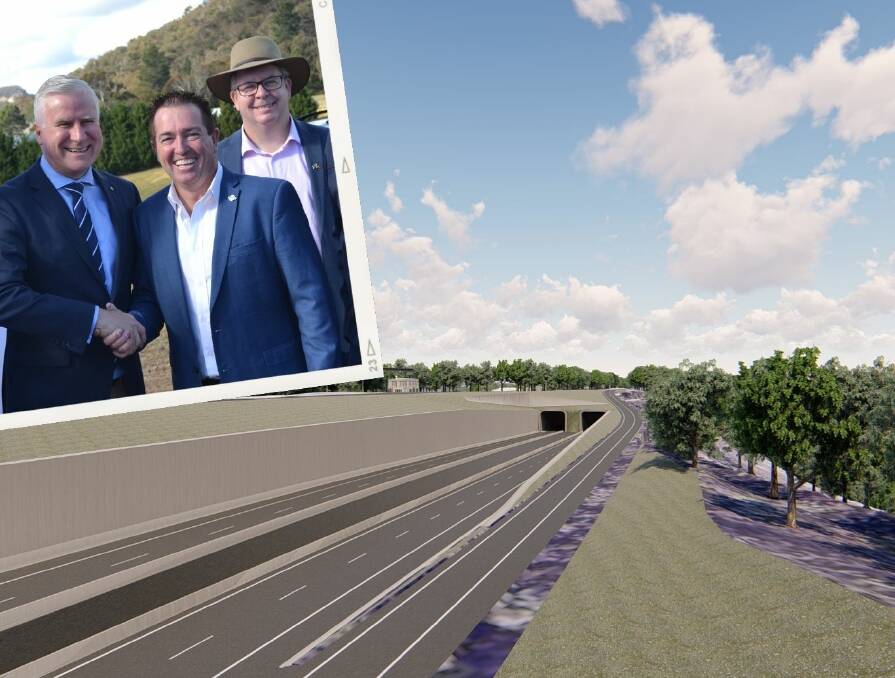 BIG PLANS: An artist's impression of the proposed tunnel bypass of the Great Western Highway and (inset) then acting prime minister Michael McCormack, Member for Bathurst Paul Toole and Alistair Lunn, Transport for NSW.