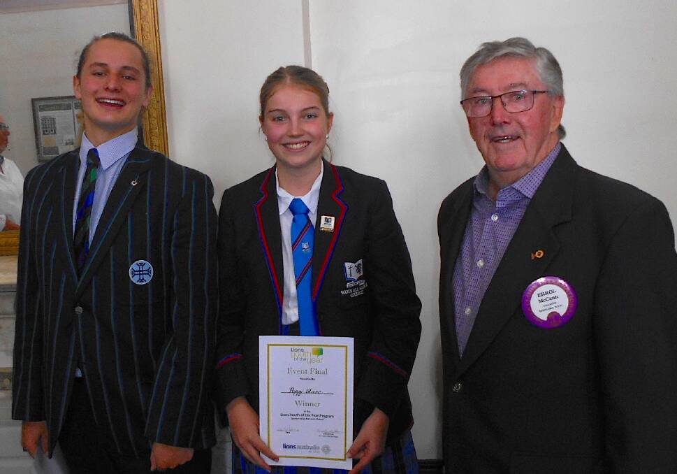Contestants George Hogg, from Kinross Wolaroi, and Poppy Starr, from Scots All Saints College, with Lions Youth of the Year zone co-ordinator Errol McCann at the zone final at Orange. Picture supplied. 