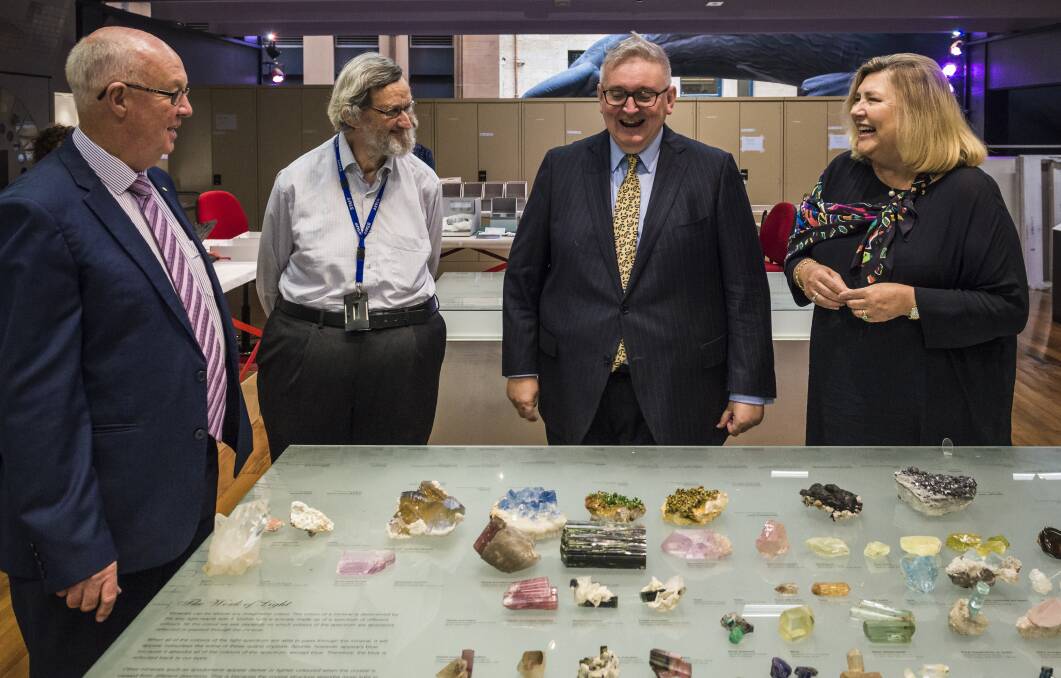 TOUR: Mayor Graeme Hanger, mineralogy collection manager Ross Pogson, Arts Minister Don Harwin and Australian Museum CEO Kim McKay. Photo: ABRAM POWELL