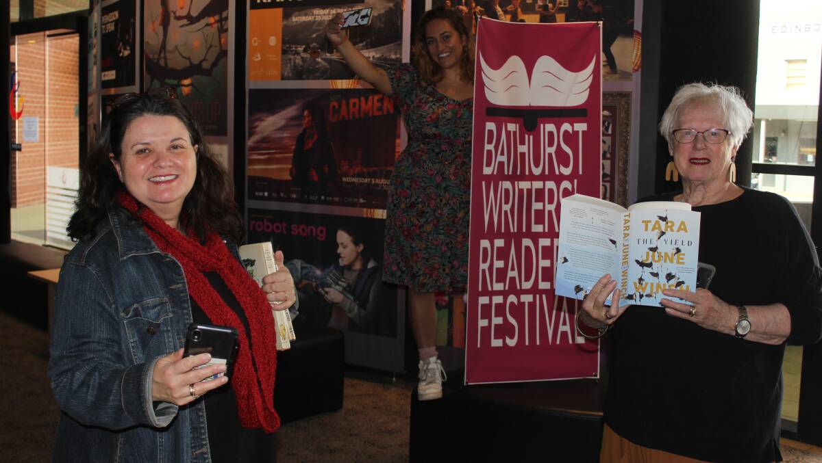ONLINE: Bathurst Writers' and Readers' Festival organisers Kylie Shead and Heidi Annand with Monica Morse ahead of the event's first night tonight. Photo: BRADLEY JURD