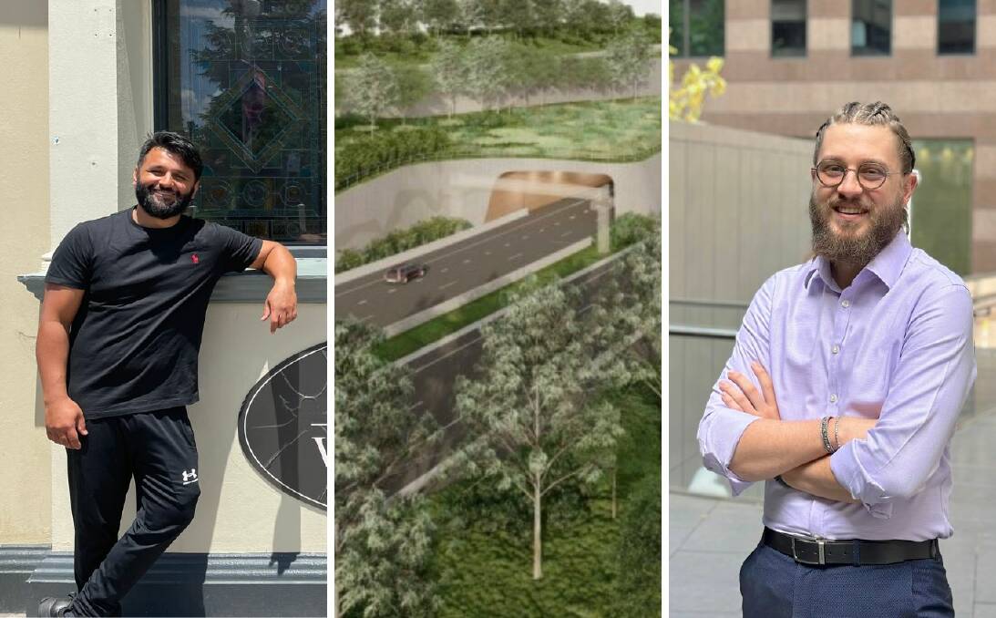 Ali Cheema outside his new William Street store (left); an artist's impression of a portal for a Great Western Highway tunnels project (centre); and former Bathurst High captain
Kieran Lindsay (right).