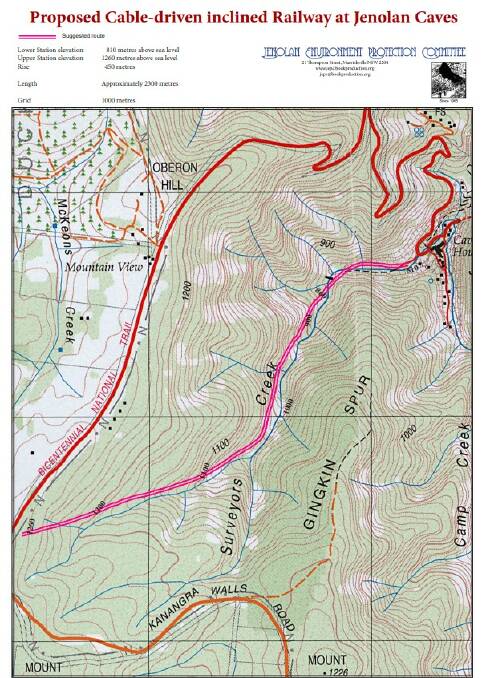 The the Jenolan Environment Protection Committee's suggested route (pink line) for the railway.