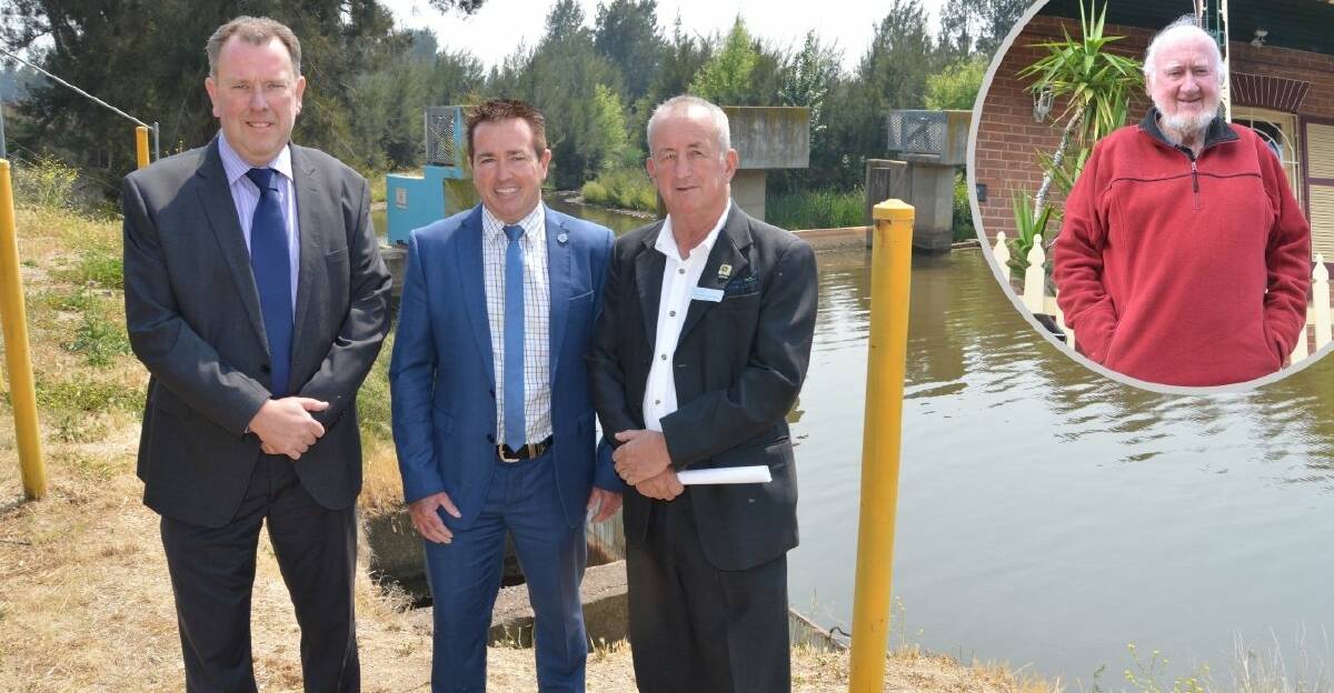 FLASHBACK: Council's engineering services director Darren Sturgiss, state Member for Bathurst Paul Toole and mayor Bobby Bourke at the water filtration plant in 2019. INSET: David Goldney.