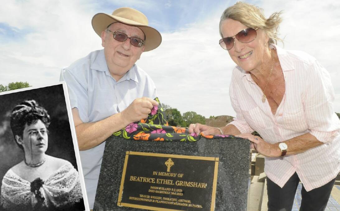 Bathurst Family History Group secretary Graeme Hill and travel writer Diana Gleadhill unveil a headstone and plaque for Beatrice Grimshaw (inset) at Bathurst Cemetery in 2017. Photo: CHRIS SEABROOK 011117cgrave1