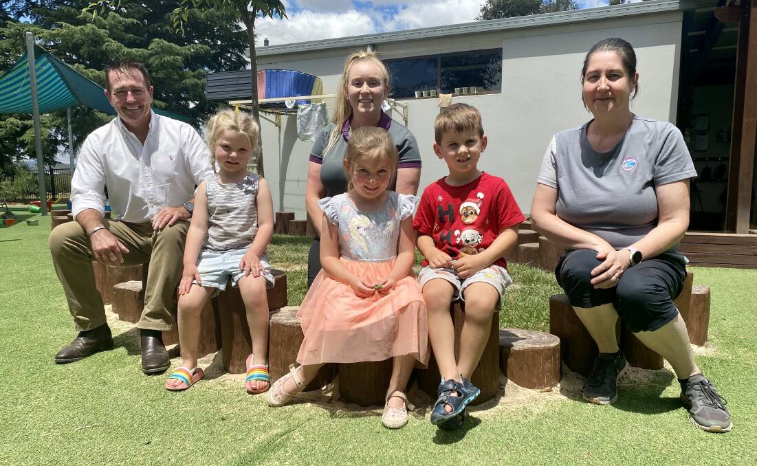 BOOST: Member for Bathurst Paul Toole at Goodstart Early Learning with Paige Baldwin (centre), Pip Scott and little learners Billie, Lilllie and Harry.