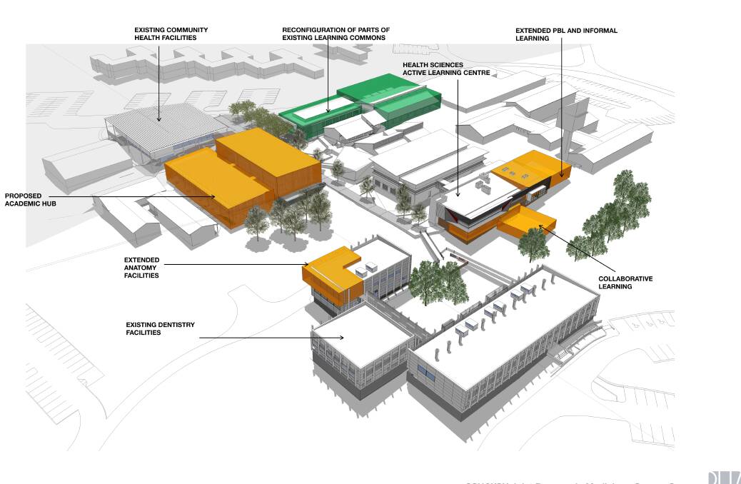 PLAN: How the CSU Orange campus will look with the new medical school buildings in yellow on this design plan. Photo: SUPPLIED