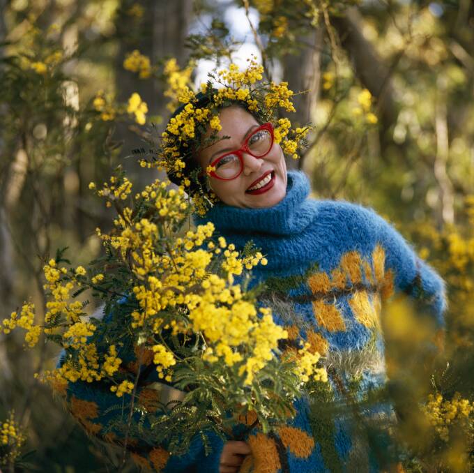 Lover of Australian wildlife and wild flower: Jenny Kee AO and wattle. Courtesy Museum Applied Arts and Sciences (Powerhouse), photo by Sue Stafford