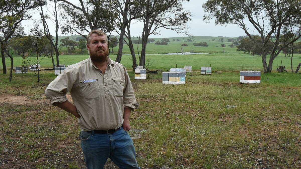 NNO SWEET DEAL: Jon Lockwood with some of the hives that will border the planned tailing dam that will be constructed in the background. 