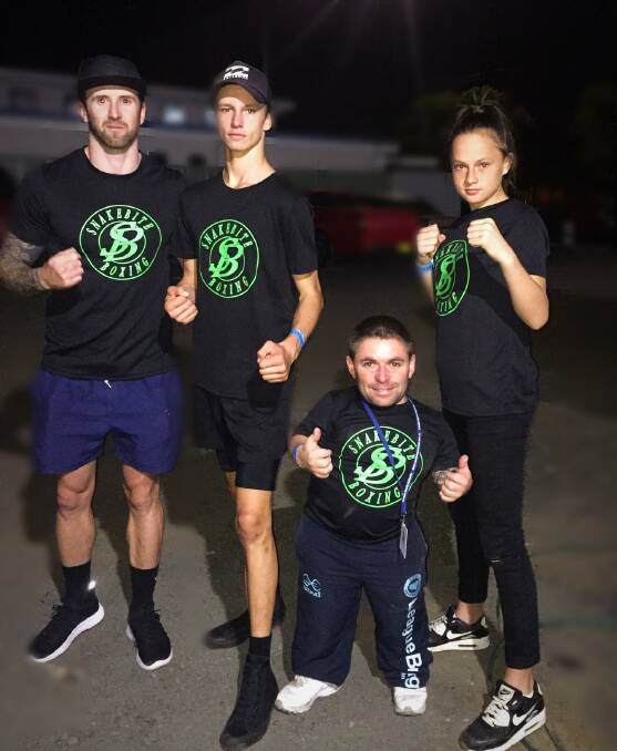READY TO GO: Young Snakebite boxers Dylan Stanley (second from left) and Kate Fallon will add to their experience by heading interstate to fight.
