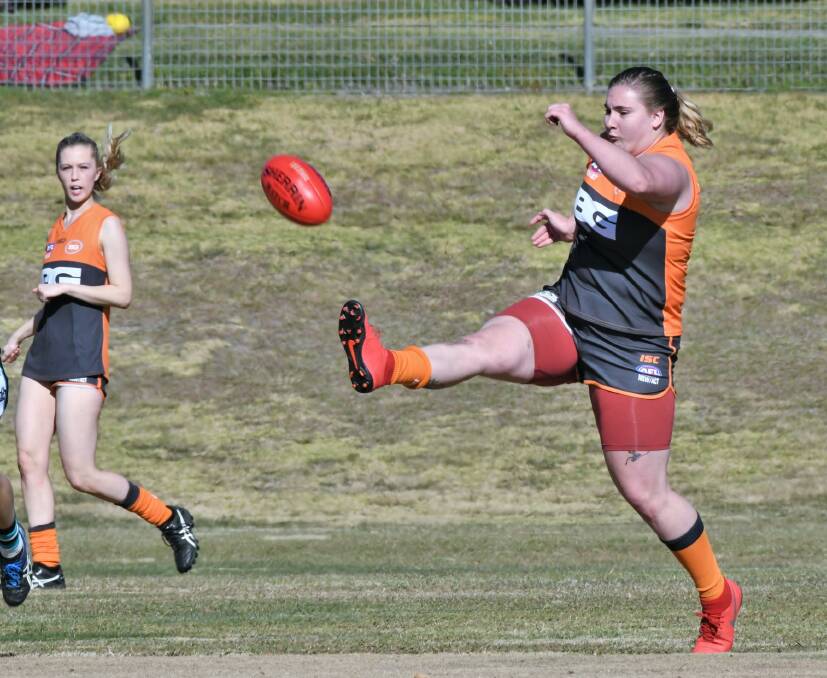HIT THE TARGET: Laycee Covington-Gorst was amongst those who booted a major as the Giants beat the Orange Tigers. Photo: CHRIS SEABROOK