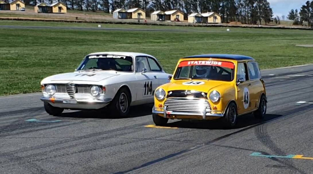 BACK RACING: Nathan Goulding, in his yellow Mini, in action at Wakefield Park earlier this month. Photo: CONTRIBUTED
