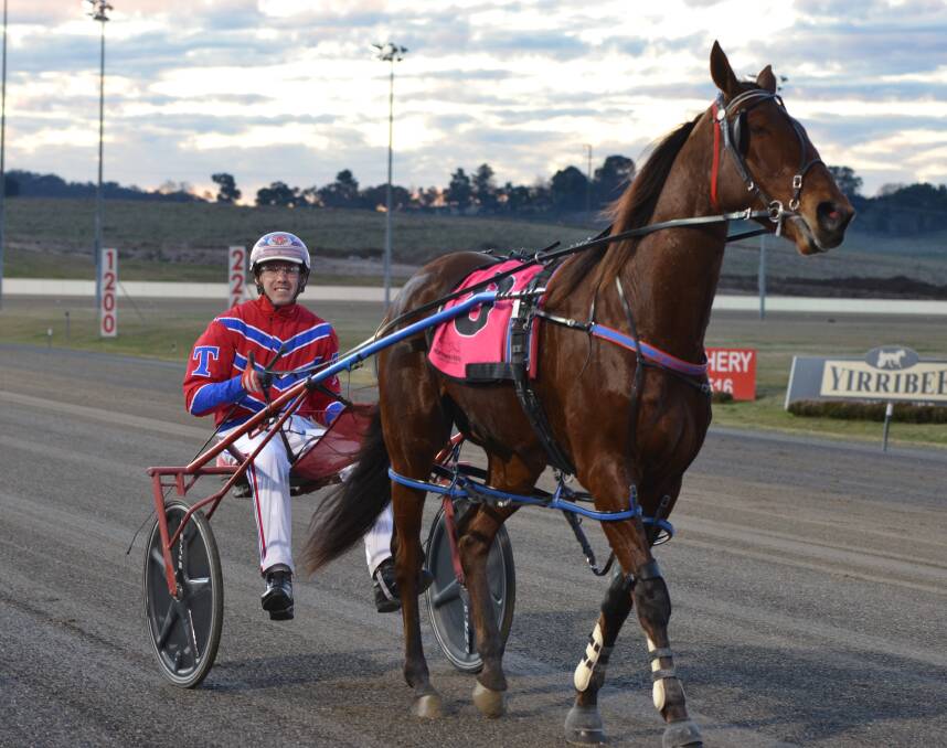 THUMBS UP: The Rainbow Beach was the first of three winners for driver Mitch Turnbull at Wednesday night's Bathurst Harness Racing Club meeting. Photo: ANYA WHITELAW