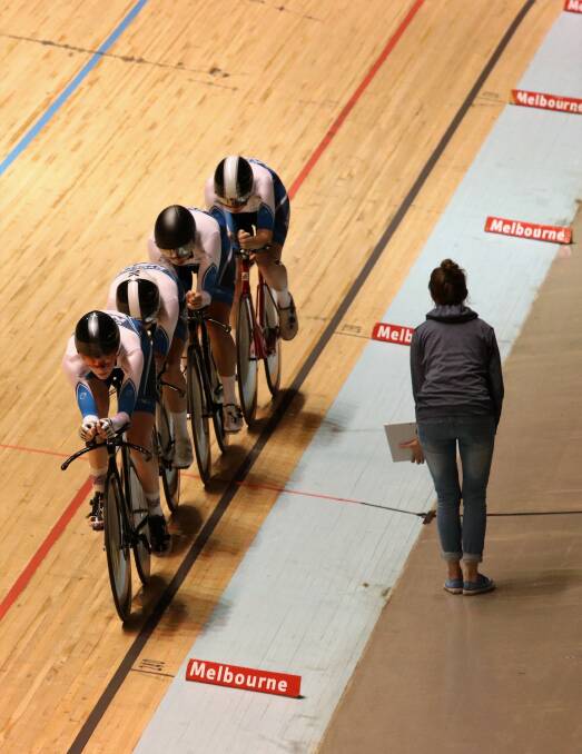WORKING IN SYNC: Emily Watts and her New South Wales team-mates Josie Talbot, Chloe Heffernan and Nicola Macdonald in the teams pursuit. Photo: CONTRIBUTED