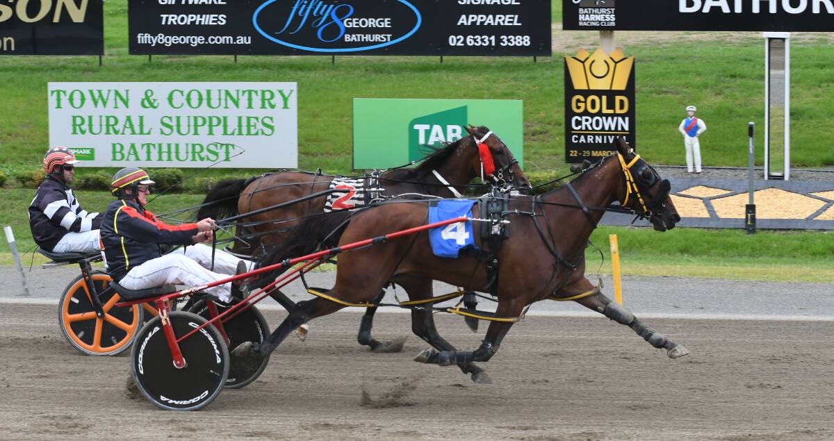 GOOD BATTLE: The Colin McDowell drives Zanadu to victory over For All We Know in the first of the Gold Bracelet heats on Monday at the Bathurst Gold Crown Paceway. Photo: CHRIS SEABROOK