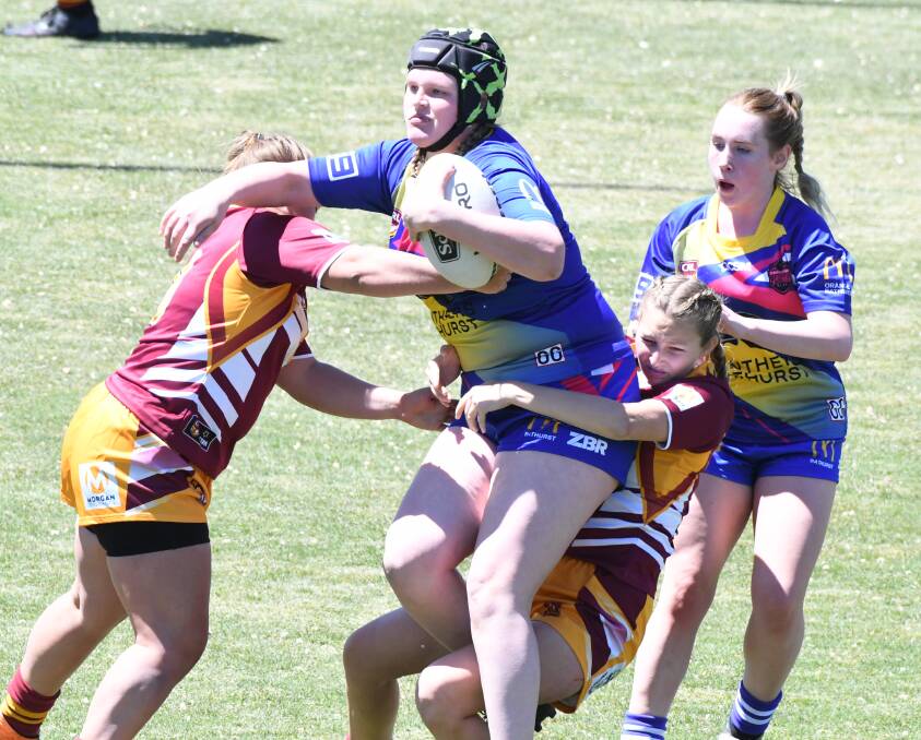 HIT UP: Panorama's Tara Lovett takes a carry in her side's under 18s Western Women's Rugby League match against Woodbridge. Photo: CHRIS SEABROOK 102019cplatypi5