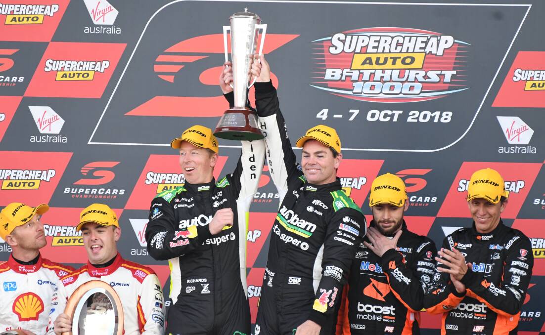 MATES TURN RIVALS: Steve Richards and Craig Lowndes won the 2018 Bathurst 1000 together, but on Monday night they will be racing each other at Mount Panorama in the Supercars celebrity Eseries race. Photo: CHRIS SEABROOK