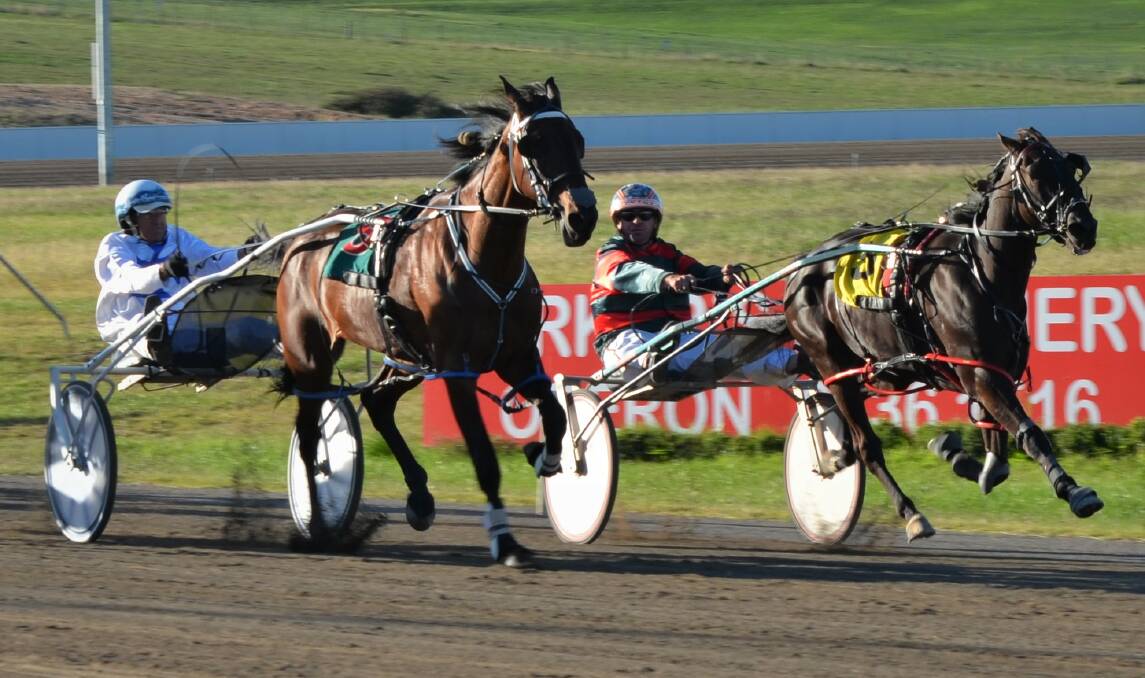 FLYING HOME: Aaron Williams hits the front aboard Charolais Shannon down the sprint lane at the Bathurst Paceway. Photo: ANYA WHITELAW