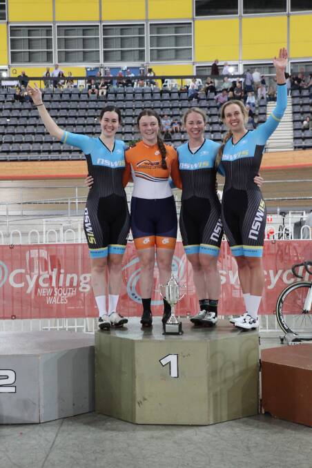 THE PODIUM: Bathurst and WRAS cycling talent Eliza Bennett (second from left) on the Clarence Street Cyclery Cup podium with Chloe Heffernan, Kaarle McCulloch and Josie Talbot. Photo: ANDREW TROVAS, ST GEORGE CYCLING CLUB
