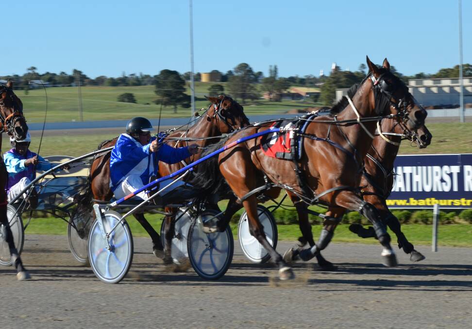 HIT THE FRONT: Glen Judd guides Blaze Edition to victory at the Bathurst Paceway on Wednesday. Photo: ANYA WHITELAW