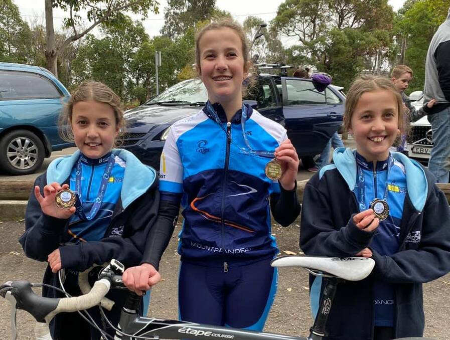 SUPER SIBLINGS: Twins Sienna and Hallie Allen plus older sister Lara all won medals at the New South Wales Country Junior Road Championships. Photo: BATHURST CYCLING CLUB
