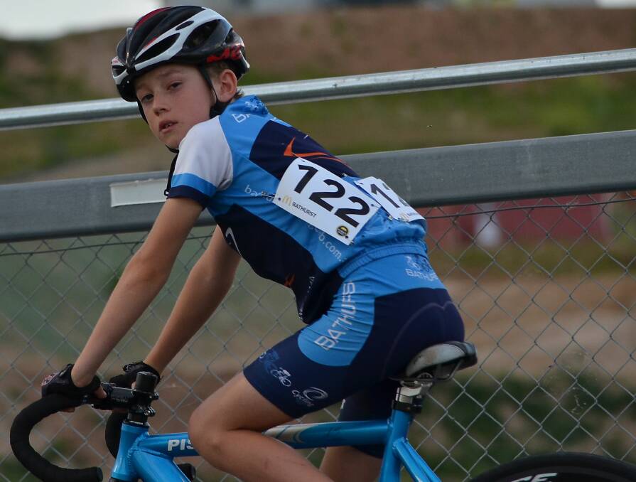 GOOD DEBUT: Cadel Lovett placed fourth in the junior boys 13 wheel race in his first carnival at Dunc Gray Velodrome. It was part of an impressive list of results for Bathurst Cycling Club juniors. Photo: ANYA WHITELAW