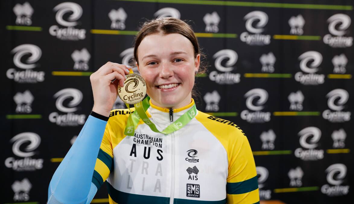 THAT'S GOLD: Eliza Bennett was delighted to win her first individual track national gold medal, taking out the keirin. Photo: CON CHRONIS