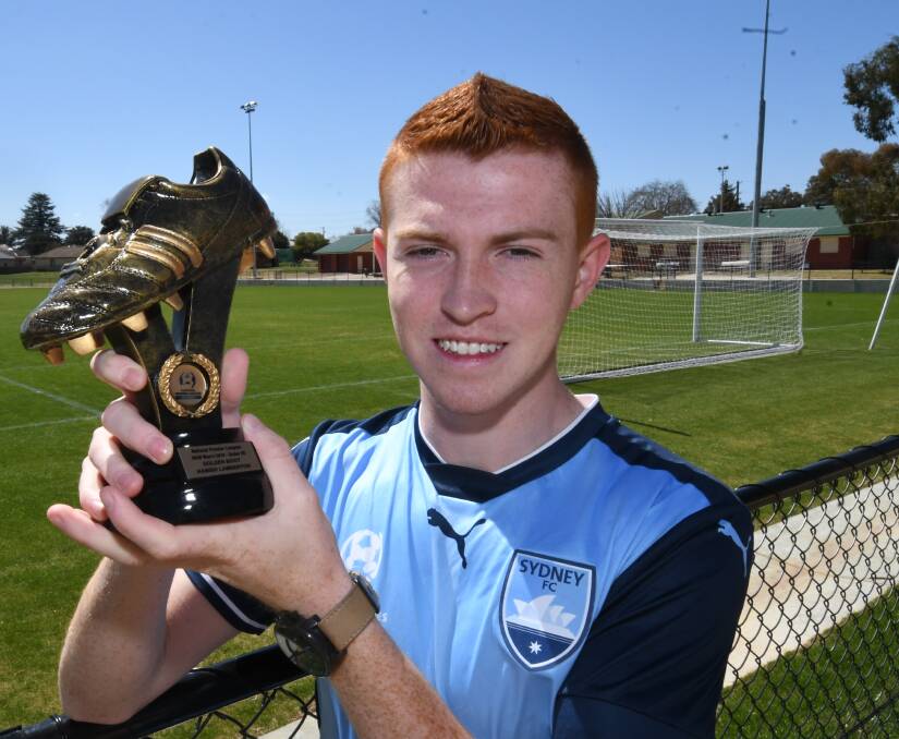 SINKING THE BOOT IN: Hamish Lamberton scored a telling goal in Sydney FC's National Youth League match against the Newcastle Jets. It sparked a come-from-behind victory. Photo: CHRIS SEABROOK