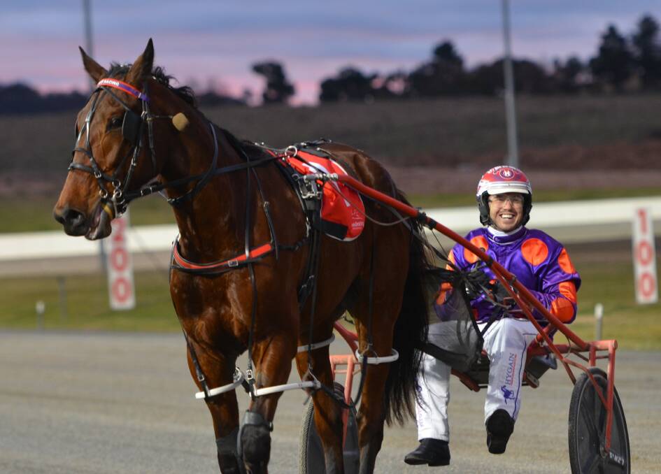 HAPPY WINNER: Doug Hewitt drove Chap Daddy to an all-the-way success at the Bathurst Paceway on Wednesday night. Photo: ANYA WHITELAW