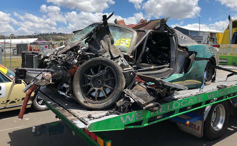 THE WRECK: This is what is left of Brad Schumacher's Lotus after it hit the wall at turn two at Mount Panorama. Photo: CONTRIBUTED