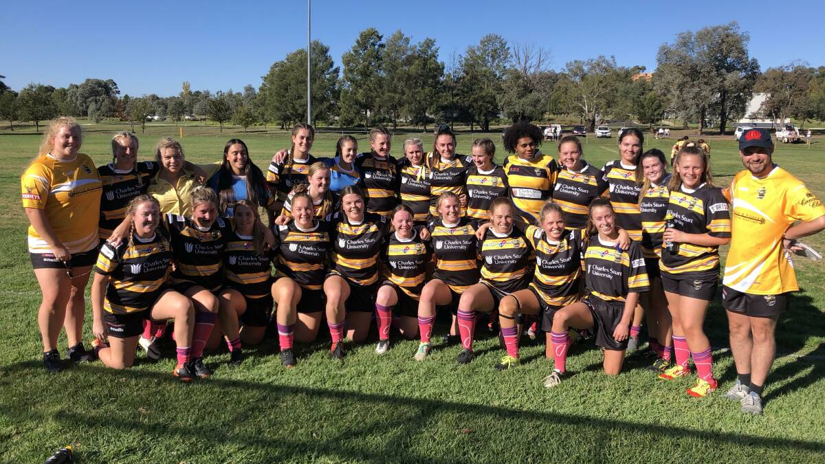 THINK PINK: The CSU women's side wore pink socks in their match against Dubbo Rhinos to raise money for the McGrath Foundation. They emerged 31-0 victors. Photo: CONTRIBUTED