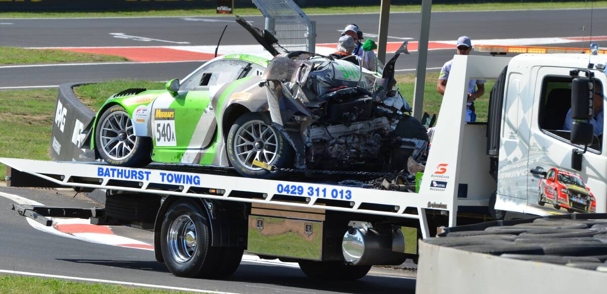 RULED OUT: The Black Swan Racing Porsche was badly damaged during practice on Thursday and has been ruled out of the Bathurst 12 Hour. Photo: ANYA WHITELAW