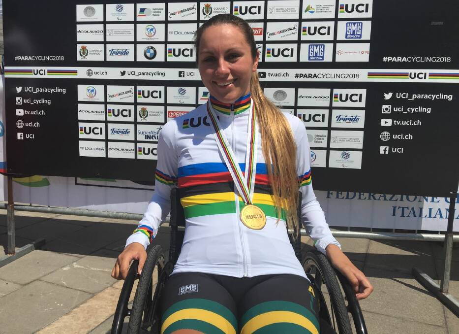 THAT'S GOLD: Bathurst's Emilie Miller celebrates one of her World Championship winning performances. Photo: CYCLING AUSTRALIA