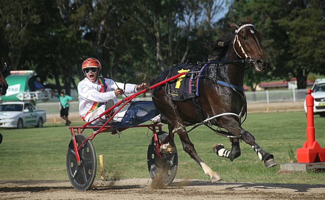 TRIUMPH: Brendan Barnes urges on Chumlee on the way to winning the 2016 Billy Soo Memorial Blayney Cup for Amanda Turnbull. Photo: COFFEE PHOTOGRAPHY