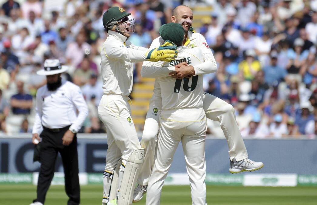 YOU BEAUTY: Australia's Nathan Lyon celebrates after dismissing England captain Joe Root during day five of the first Ashes Test. It was one of the six wickets Trent Copeland predicted he would snare. Photo: AP