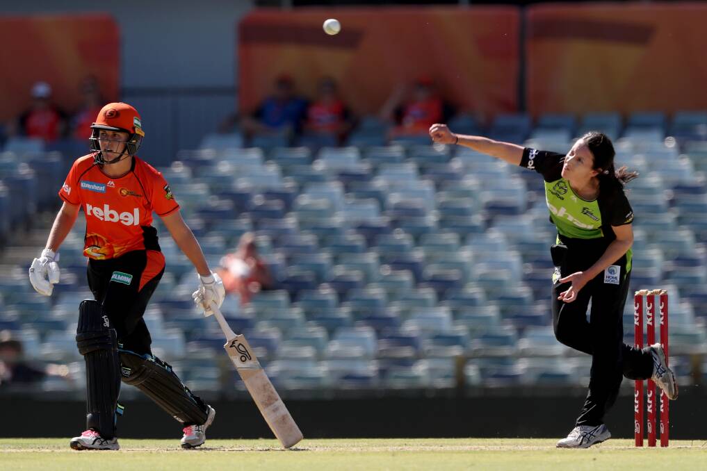 WARMING UP: Sydney Thunder's Lisa Griffith, pictured in action last season, found herself on a hat-trick against Brisbane Heat on Wednesday in a Women's Big Bash League warm up match. Photo: AAP
