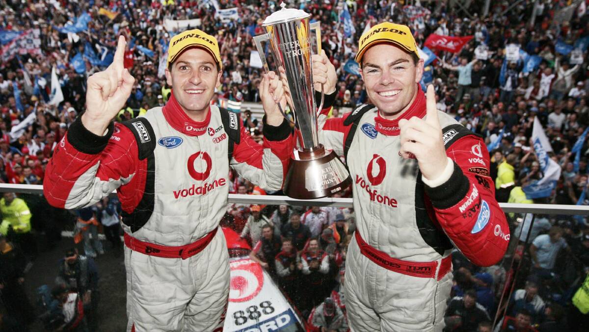 GLORY: Craig Lowndes celebrates his 2007 Bathurst 1000 win - one of six - with Jamie Whincup.