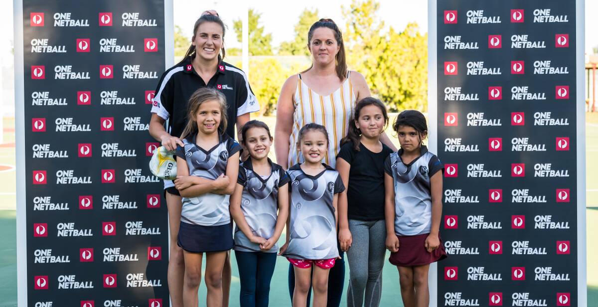 SPECIAL VISIT: Sydney Swift player Maddy Proud (back, left) visited Australia Post One Netball Community Award winner Jamee Stair and her Mana Alintas players, from left, Grace Simpson, Kaileah Lucas, Scarlett Ryder, Leeona Kele and Jodie Greensitt.