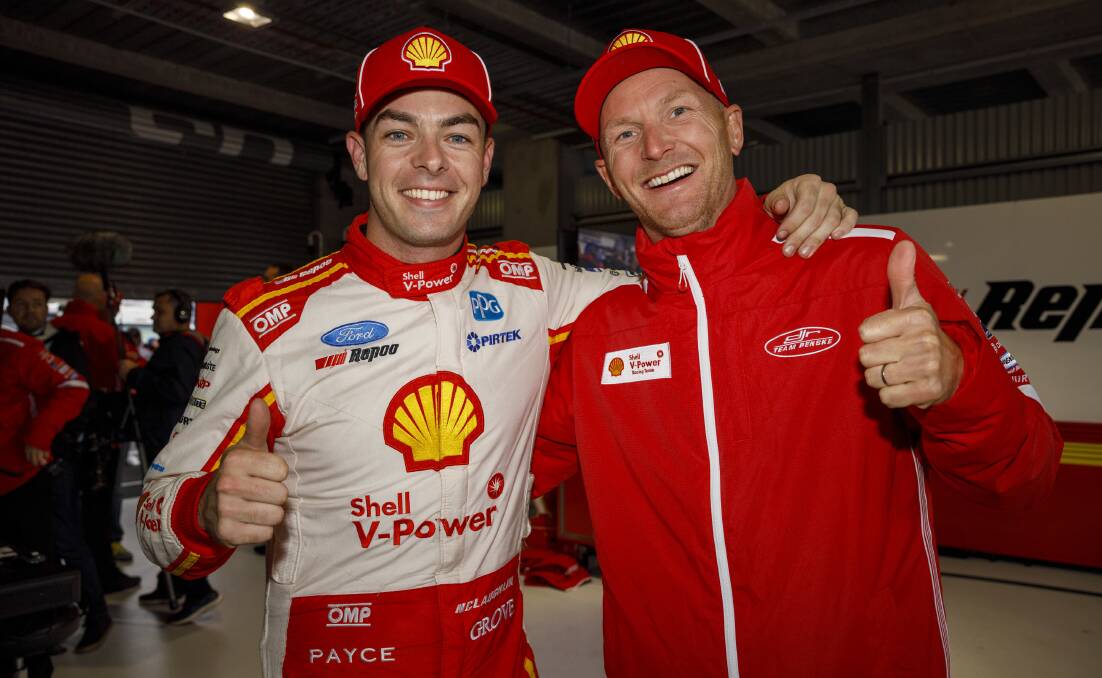 THE NEXT STEP?: Scott McLaughlin and his co-driver Alex Premat gives the thumbs up after securing provisional pole by topping Friday's qualifying session. Can he be the quickest man in the top 10 shootout as well? Photo: SHELL V-POWER RACING