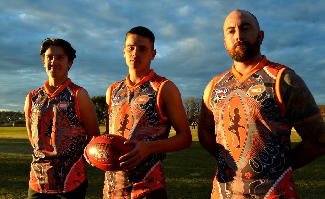 SPECIAL DAY: Giants players Bailey Brien, Max Booth-Martinez and Shaun Noyen with Indigenous round jumpers they will wear on Saturday. 