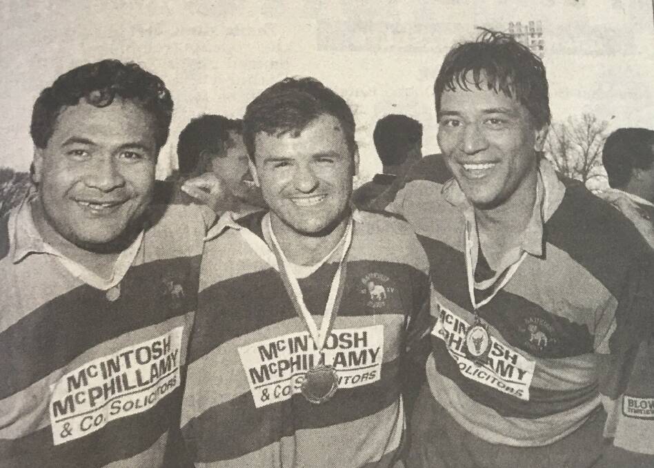 HAPPY TRIO: Tuma Aisake, Bruno Rossitt and Pahau Mackey were all smiles after their 1998 grand final win.