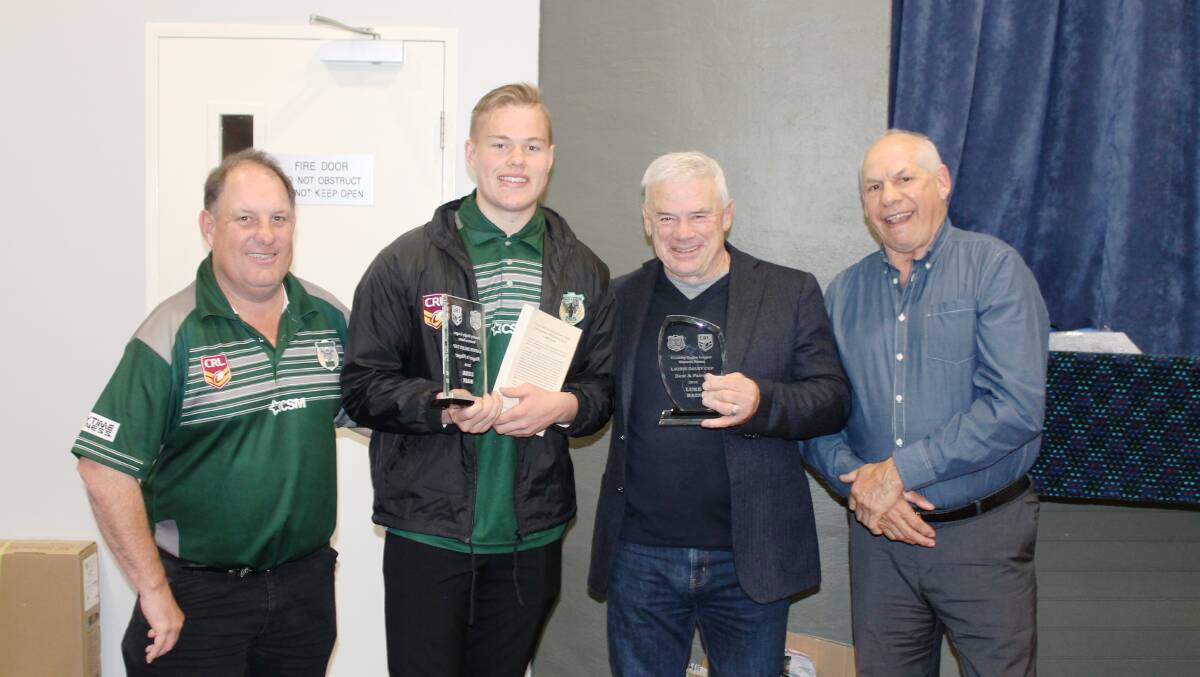 NICE WORK: Luke Bain is presented with his award at the at the Rams junior presentation night at Wellington. He is pictured with, from left, coach Paul McDonald, Chris Anderson and Nelson Smith Photo: WESTERN