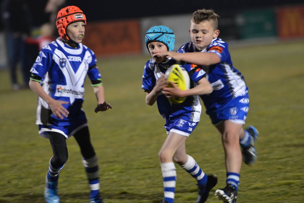 The under 9 St Pat's White and St Pat's Blue sides played under lights at Jack Arrow Oval on Friday. Photos: ANYA WHITELAW