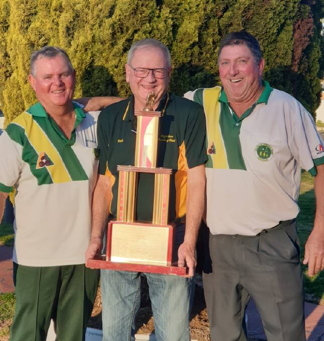 SUCCESS: Majellan's A Pairs victors Peter Naylor and Mick McDonald pictured with club president Bob Lundie-Jenkins (centre). Photo: CONTRIBUTED.